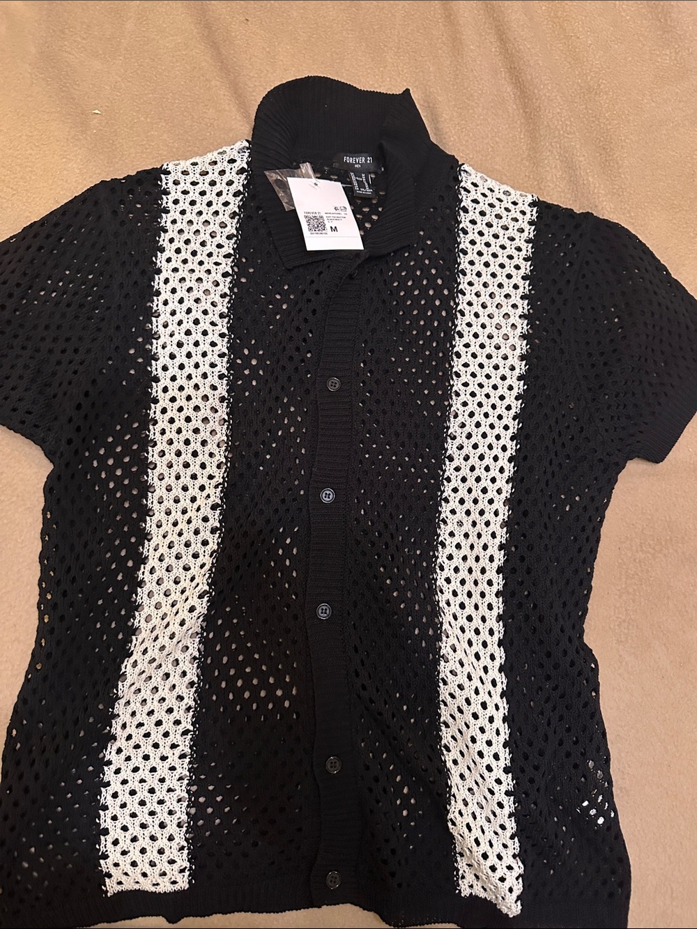 Forever 21 Black and White Open-Knit Short Sleeve Button-Up Shirt